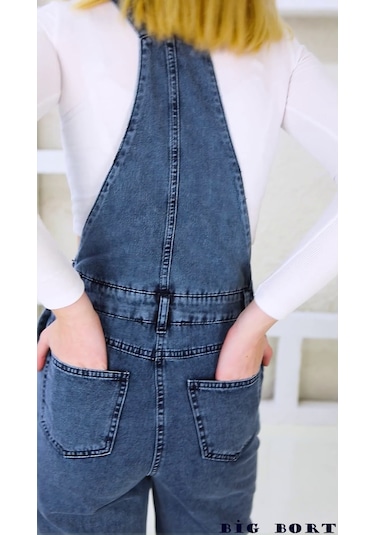 Yandan Düğmeli Enzim Kot Kumaş Salopet & Tulum Mavi