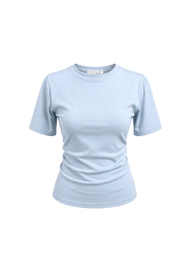 Mixray 2095 Kadın Büzgü Detaylı Arkası Yırtmaçlı Basic T-shirt Bebe Mavi Bebe Mavisi
