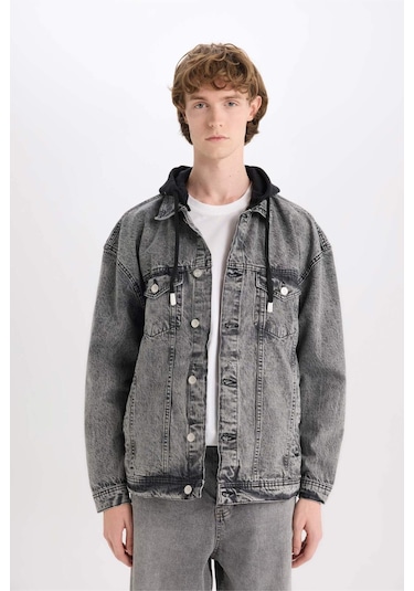 DeFacto %100 Pamuk Oversize Geniş Kalıp Kapüşonlu Düğmeli Mevsimlik Baharlık Jean Ceket D0416AX25SPNM55