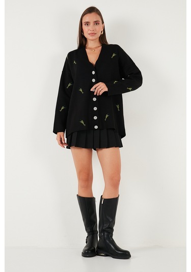 Lela Oversize Fit Desenli V Yaka Triko Bayan Hırka 4616193 Siyah