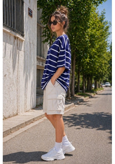 Alexandergardi Alexandergardı Çizgili Oversize T-shirt E23-0046 Lacivert