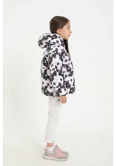Kız Çocuk Beyaz Mor Çiçek Desen İçi Polar Su Ve Rüzgar Geçirmez Kapüşonlu Cepli Şişme Kışlık Mont Beyaz