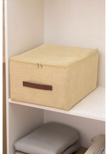 İronika Orta Boy Gerçek Jüt Kumaşlı Kulplu Koltuk Baza Yatak Altı Uyumlu Extra Destekli Hurç Organizer Kahverengi