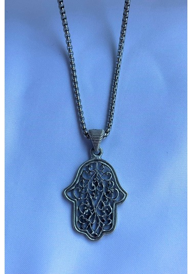 Fatma Ana Eli El İşçiliği Paslanmaz Çelik Zincir Erkek Kolye Gümüş