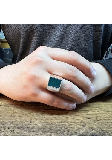 Gümüş Yeşil Akik Taşlı Sade Tasarım Erkek Yüzük