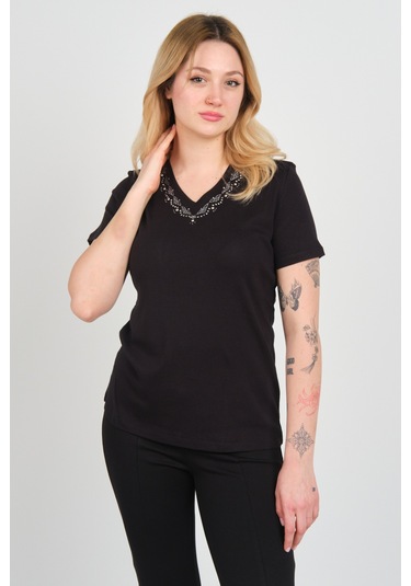 Ella Camelia Kadın Yakası Taş Ve Süs İşlemeli Kısa Kollu Pamuklu Bluz 24e002 Siyah Siyah