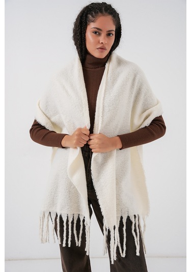 Kadın Yumuşak Dokulu Kalın Şal Atkı 15951 - Ekru Ekru
