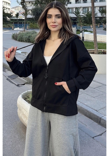 WeShaya Kadın Siyah Kapüşonlu, Fermuarlı, Cepli, Regular Kesim Sweatshirt Siyah