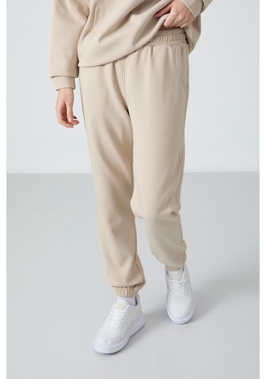 Tommy Life Bej Kapüşonlu Kanguru Cep Oversize Lastik Paça Kadın Eşofman Takımı - 95288 Bej