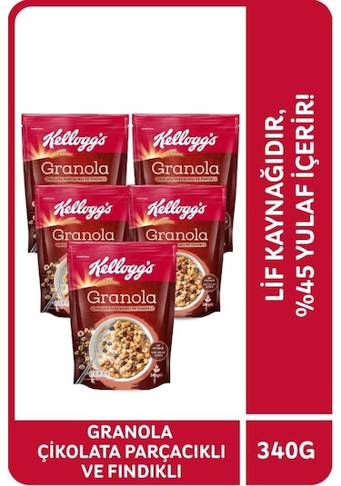 Kellogg's Granola Çikolata Parçacıklı Ve Fındıklı 5 x 340 G