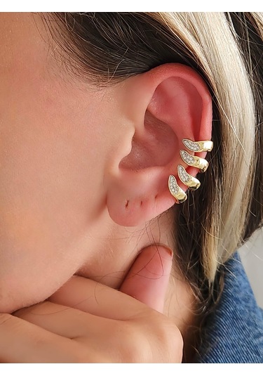 Eva Takı Store Dalga Model Zirkon Taşlı Deliksiz Kıkırdak Küpe Altın