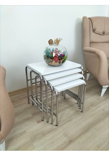 Evko Mobilya Buket Sehpa, 4'lü Zigon Sehpa, Dörtlü, Krom-beyaz