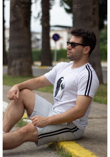 Erkek Gri Beyaz Alt Üst Takım Pamuklu Rahat Yumuşak Dokulu Şort Takım 23eest0171 001