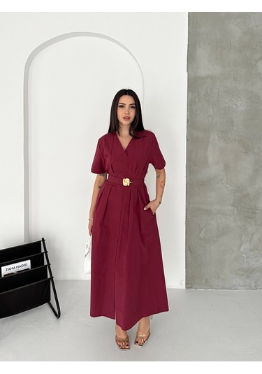 Belden Oturtmalı Plılelı Paraşüt Kumaş Elbise Bordo