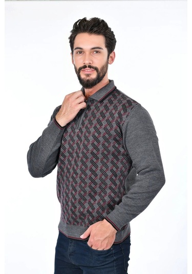 Kamalı Erkek Çelik Örgü Gömlek Yaka Fermuarlı Polo Yakalı Çizgili Desen Tüylenmeyen Triko Kışlık Baba Kazak Gri
