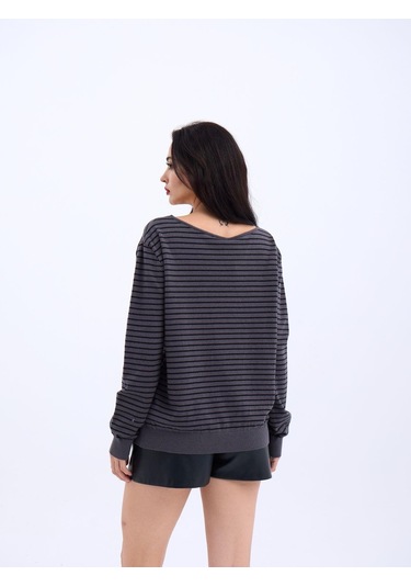 4215 Triko Çizgili Salaş Kazak-antrasit-siyah Altın