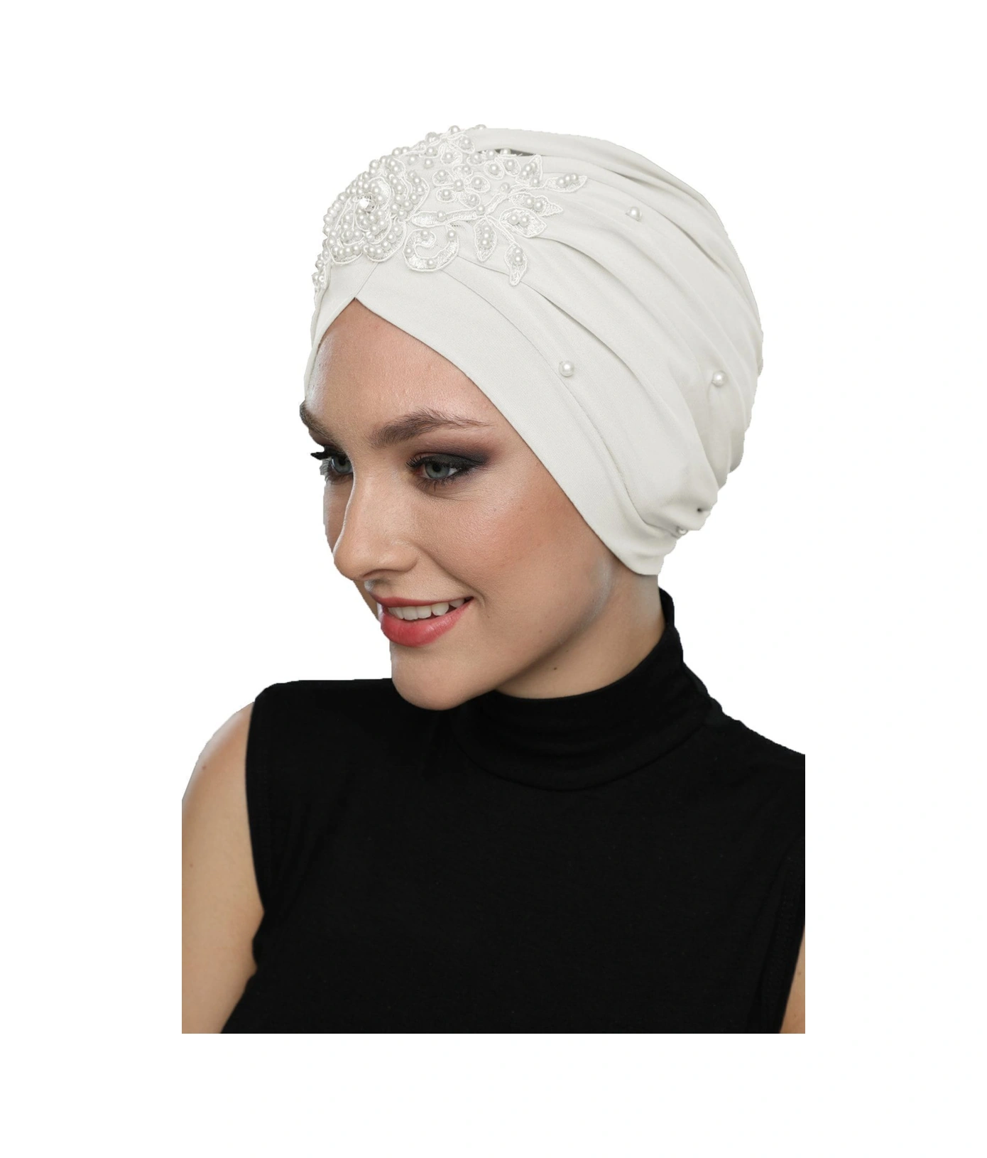 Kopma Astarlı Işlemeli Krem Gül Motifli Hazır Türban Tesettür Abiye Bone Krem Gül