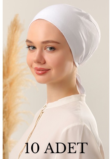 Kadın Tesettür Dikişli Set Bone Beyaz 10 Adet Bağlamalı Penye Bone Beyaz