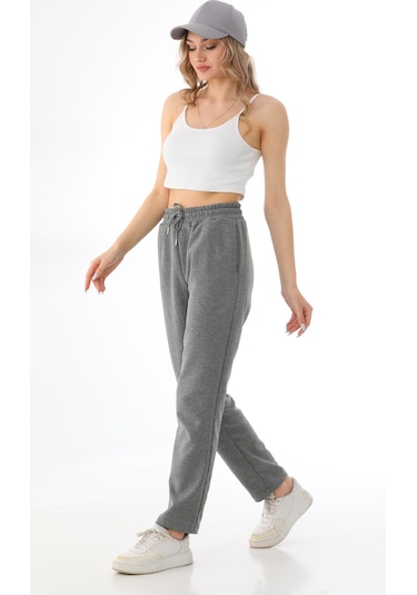 Kadın Mevsimlik Düz Paça Yüksek Bel Klasik Eşofman Altı Gri