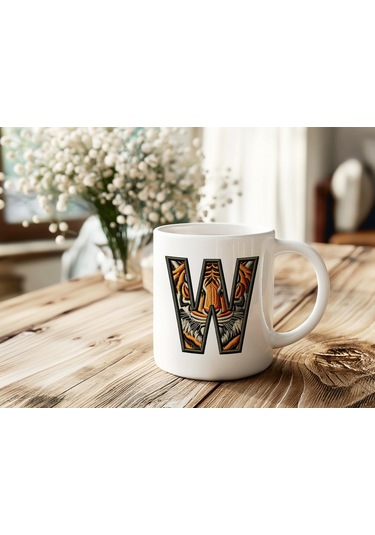 W Harfi Kaplan Figürlü Nakış Desenli Kupa Bardak - Kişiye Özel Vahşi Hayvan Desenli Kupa - Hediye Beyaz