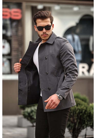 Mero Life Erkek Gri Mevsimlik Astarlı Kemerli Kruvaze Trençkot Gri