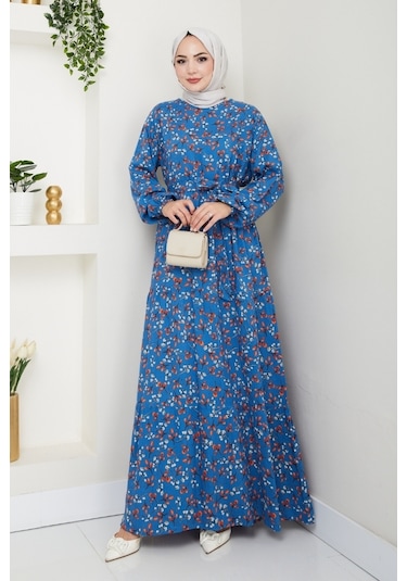 Semar Dokuma Viskon Elbise 1541 - Mavi Mavi