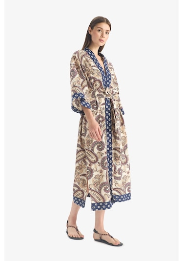 Defacto Regular Fit Kuşaklı Etnik Desenli Pamuklu Kimono-fall İn Love D0456ax25spnv247 Lacivert