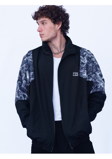 Erkek Kadın Siyah Beyaz Kaplan Desenli Bomber Ceket Siyah