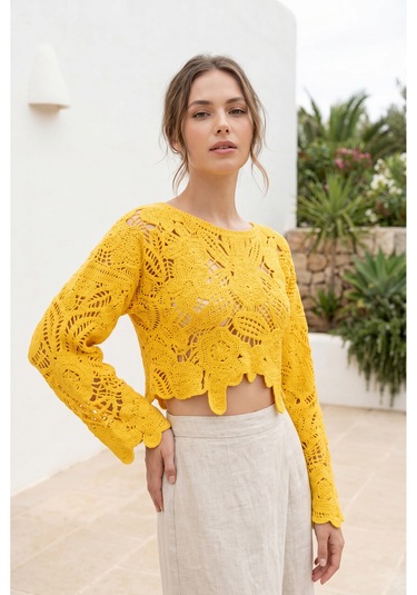 Sayzen Your Shine Dantel Işleme Crop Bluz Sy-shn04 Sarı