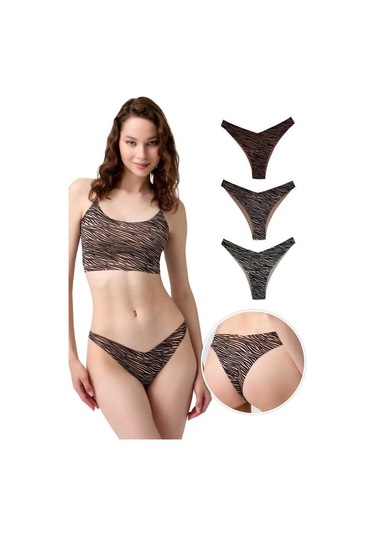 Basic Desenli Lazer Kesim Kadın Brezilya Külot 3'lü Paket-1 Çok Renkli 2 Çok Renkli