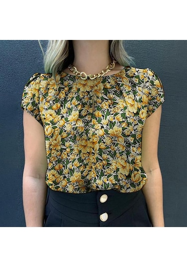 Sarı Zanzea Kadın Rahat Kısa Kollu O-boyun Yaz Çiçek Baskı Bluz Sarı Zanzea Kadın Rahat Kısa Kollu O-boyun Yaz Çiçek Baskı Bluz