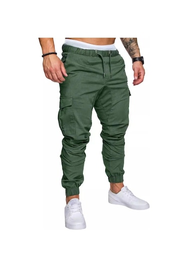 Erkek İlkbahar Ve Sonbahar Uzun Pantolon Moda Günlük İpli Elastik Pantolon Düz Renk Cepli Pantolon Yeşil