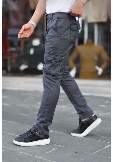 Erkek Körüklü Cep Ve Paça Ribana Detaylı Antrasit Keten Kargo Pantolon Antrasit