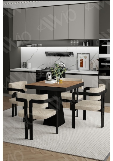 Avvio Nero Lake Mdf Ayak Tokyo Demonte Sandalye 80x80 Yemek Masası Mutfak Masası 4 Kişilik Akça