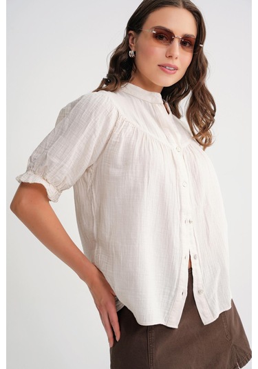 4725 Kadın Büzgü Robalı Kolu Fırfırlı Müslin Gömlek Naturel Naturel