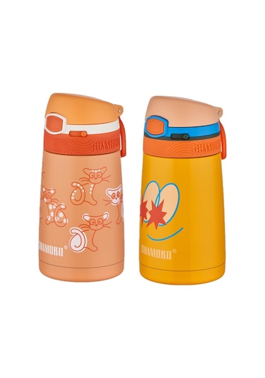 Shamobo 2li Set Pipetli Çelik Termos 350ml -6 Saat Isı Yalıtımı- Turuncu-Mor