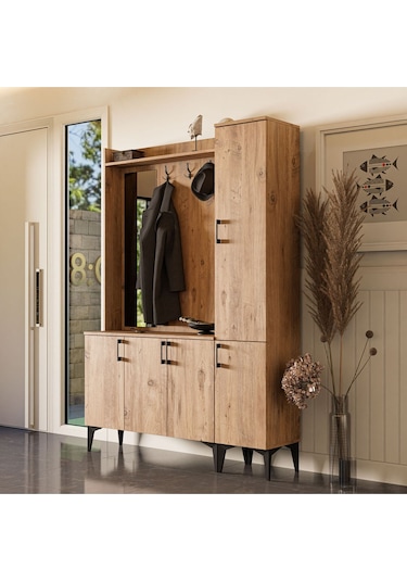 Set 5100-5102 Inca Sol Aynalı 5 Kapaklı 4 Askılı Raflı Portmanto Atlantik Çam Çam