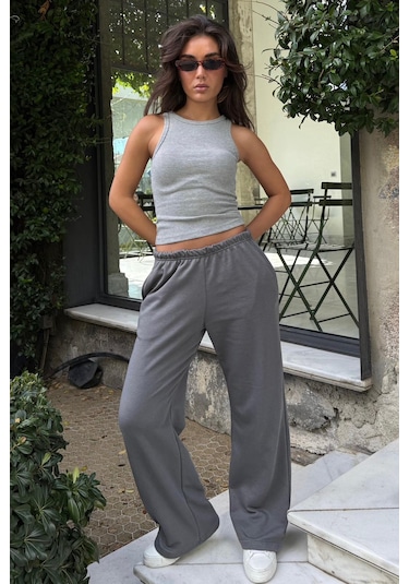 Füme Geniş Paça Basic Kadın Eşofman Altı Mg2553 Füme