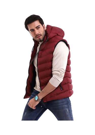 Everest Jel Dolgu Çıkartılabilen Fermuarlı Kapüşonlu Erkek Şişme Yelek Bordo