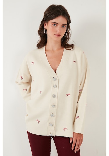 Lela Oversize Fit Desenli V Yaka Triko Bayan Hırka 4616193 Krem-Kırmızı