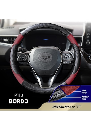 Panda Oto Direksiyon Kılıfı - Deri / Karbon-bordo