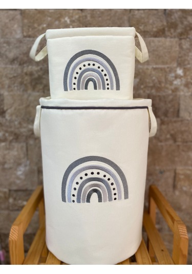 Hs Home Baby Gri Gökkuşağı Nakışlı Çamaşır & Oyuncak Sepet Seti