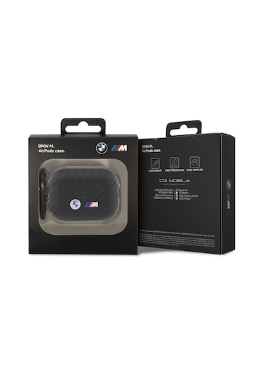 Airpods Pro 2 Uyumlu Kılıf Bmw Lisanslı Pu Karbon Fiber Tasarımlı Çift Metal Logolu Siyah