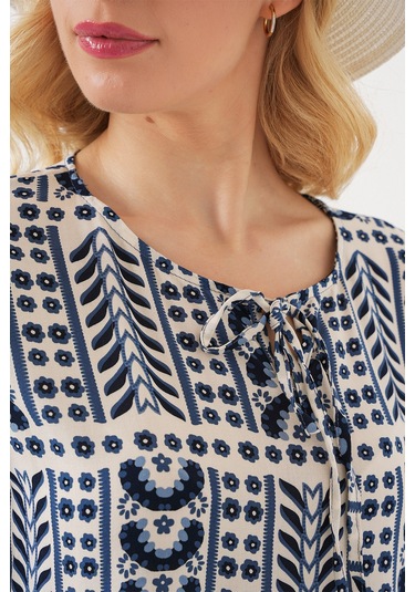 Kadın Desenli Kısa Kol Bluz 969 - İndigo Indigo