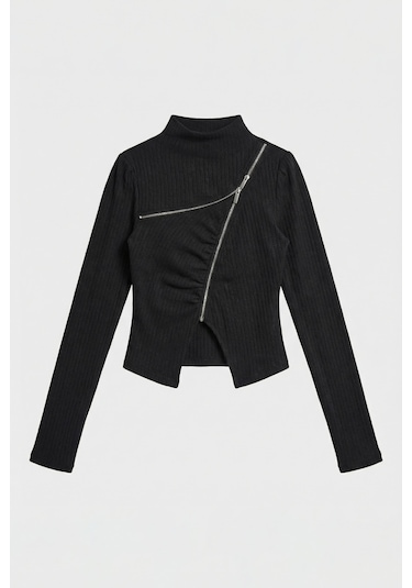 Itsbasic Kadın Siyah W5 Asimetrik Kesim Fermuar Detaylı Özel Tasarım Crop Top