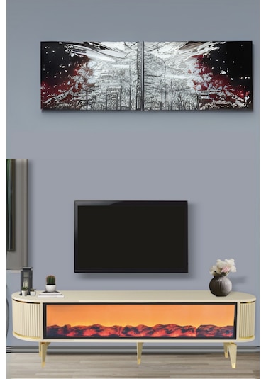 Talia Şömineli Tv Sehpası Cappuccino Gold Oval Bluetooth Hoparlörlü 7 Renk Efektli 160x40x50 Cm