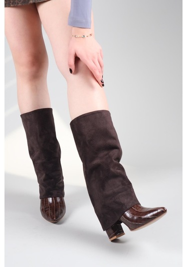 Selora Süet-kroko Garnili Topuklu Çizme Kahverengi-8554 Kahverengi