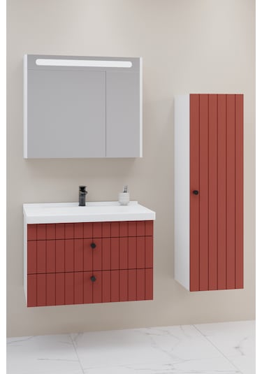 Petit 80 Cm Banyo Dolabı Npl Aynalı Kiremit - Boy Dolap Dahil Kiremit