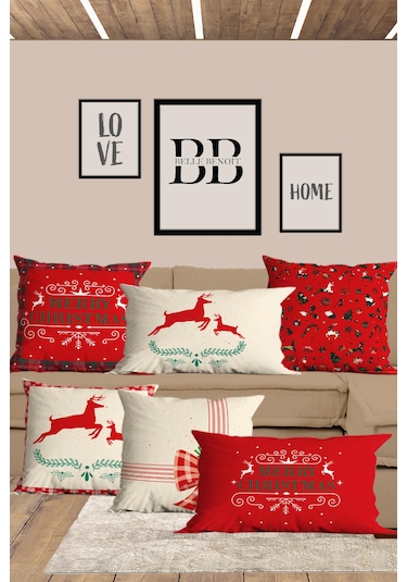 Belle Benoit Yılbaşı Baskılı Dikdörtgen 6'lı Koltuk Kırlent Kılıfı Kırmızı - Beyaz