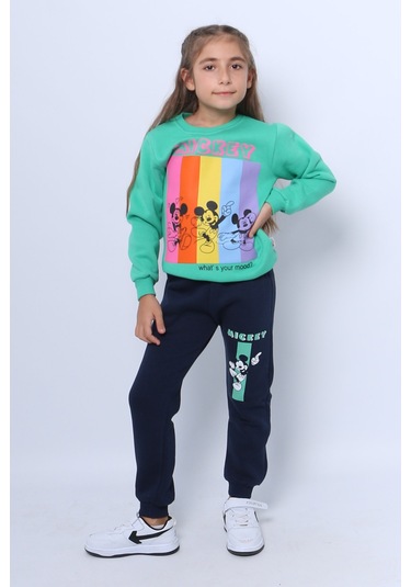 Kız Çocuk 3 İplik Eşofman Takımı Mickey Mouse Baskılı D36 Yeşil